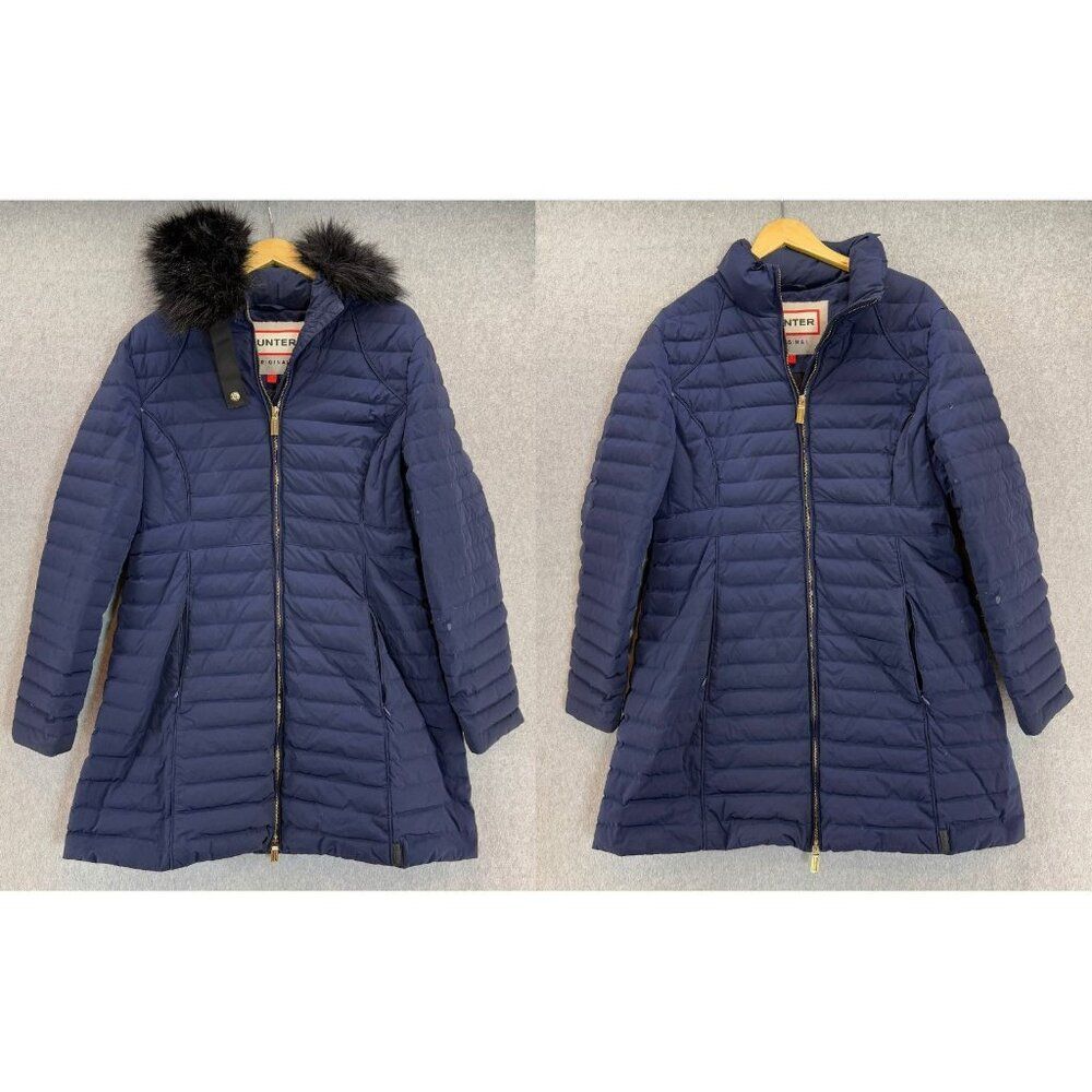 Hunter Women's Size Large Navy Blue Puffer Coat Faux‎ Fur Collar Hood Down Fill